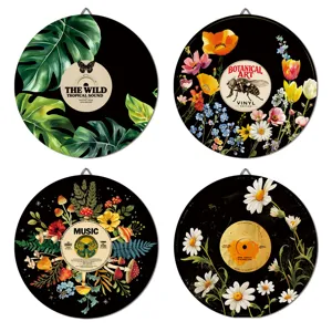 Botanical floral and vinyl record wall art decor detail view, set of four round plaques.