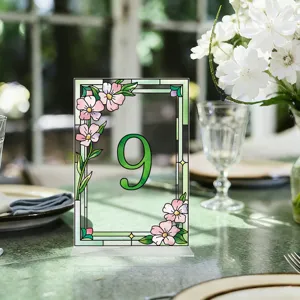 Acrylic stained glass style wedding table number sign with elegant pink floral design