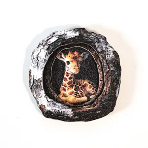 Wooden tree hole animal decoration photo frame magnet detail view, cute decor craft.