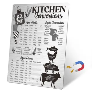 Kitchen conversion chart magnet for cooking, stainless steel magnetic measurement guide for fridge.