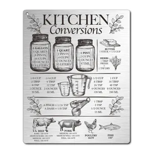 Kitchen conversion chart metal sign, cooking measurement reference guide magnet for fridge.