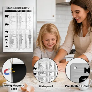 Meat smoking guide magnetic sticker for kitchen, durable stainless steel cooking chart tool.