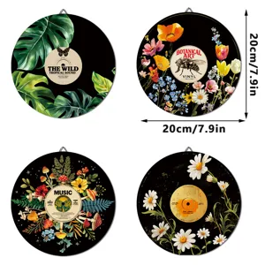BOHO wooden wall art set of four round botanical vinyl record decorative wall stickers for home.