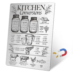 Stainless steel kitchen conversion chart magnet with liquid weight and temperature measurements.