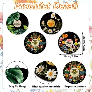 BOHO wooden round wall decor Bohemian plant flower art hanging plaque 20cm home room