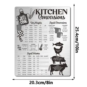 Stainless steel kitchen conversion chart magnet, metal cooking measurement reference sign for baking.