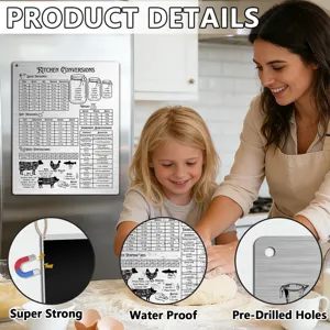 Detailed kitchen conversion chart magnet showing liquid dry measurements and oven temperatures.