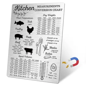 Stainless steel kitchen measurement conversion chart fridge magnet with clear cooking reference data.