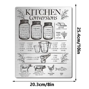 Kitchen conversion chart metal sign, magnetic measurement guide for cooking and baking.