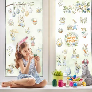 Easter window sticker scene showing cute bunny and colorful egg decals applied on glass pane.