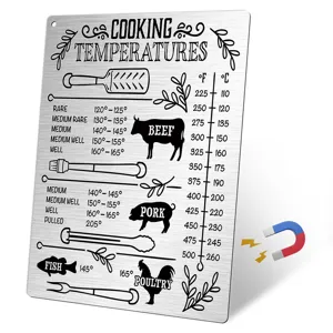 Magnetic cooking temperature chart for kitchen, stainless steel metal fridge magnet guide.