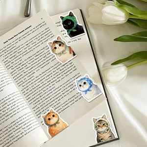 Magnetic cat bookmarks with cute headscarf designs, perfect page markers for reading lovers.