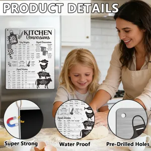 Kitchen conversion chart metal sign detail showing clear measurement data, magnet and holes.