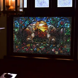 3D Buntglas Fensterfolie mit Hasen und Sonnenuntergang Motiv für Innendekoration.