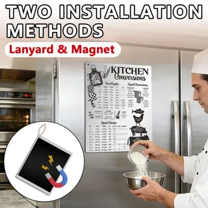 Stainless steel kitchen conversion chart magnet with two installation methods for cooking.