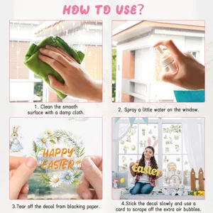 Easter bunny window sticker instructions, spring floral egg glass decal application steps.