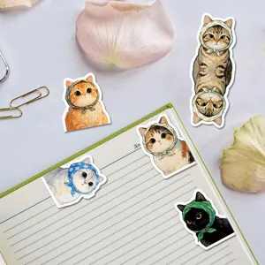 Cute cat magnetic bookmarks with headscarf design, creative page markers for reading and books.