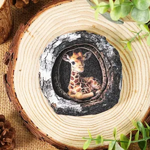 Wooden giraffe tree hole fridge magnet, rustic home decor craft, natural style for kitchen display.