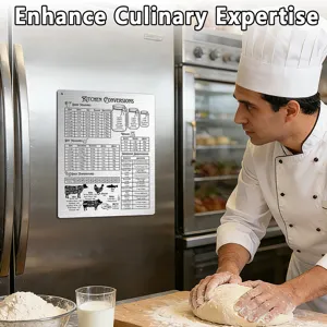 Stainless steel kitchen conversion chart magnet for refrigerator, perfect cooking measurement tool.