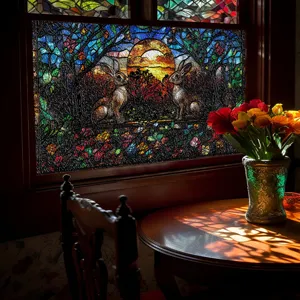 3D Buntglas Fensterfolie statisch haftend Hase Blumen dekorative Aufkleber Heimdekoration