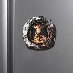 Wooden tree hollow giraffe fridge magnet detail view, cute animal home decor piece.