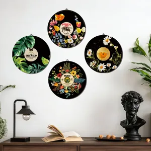 Boho style round wooden wall art decorative plaques featuring vintage vinyl records botanical theme 4pcs