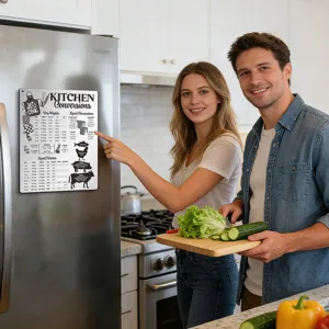 Kitchen conversion chart magnet for refrigerator, metal measurement guide for cooking.