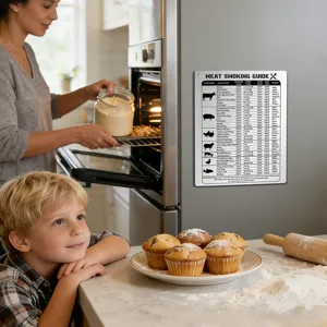 Metal meat smoking guide kitchen magnet featuring cooking temperature and time charts for home.