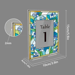 Acrylic table number sign with stained glass floral pattern, party wedding table decor stand.