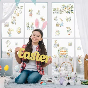Easter bunny window sticker detail scene showing cute cartoon eggs and floral spring decor.