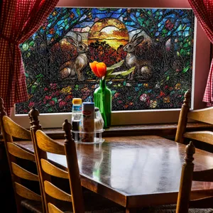 3D Glasfolie Buntglas Fensterfolie Hase Sonnenuntergang Dekoration Fensteraufkleber