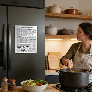 Stainless steel kitchen conversion chart magnet for refrigerator, useful cooking measurement guide.