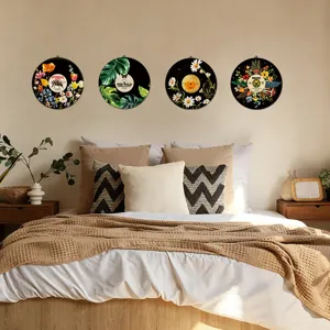 Bohemian round wooden wall art set, vintage vinyl record botanical floral hanging decor for home.