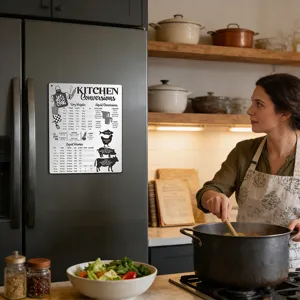 Kitchen conversions magnetic chart for refrigerator, stainless steel cooking measurement guide.