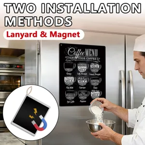 Coffee menu metal fridge magnet kitchen decorative sign with dual installation methods lanyard magnet