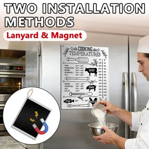 Kitchen cooking temperature chart magnet with dual installation methods for fridge metal sign.