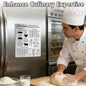 Stainless steel kitchen measurement conversion chart magnet for easy cooking and baking.