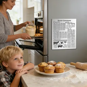 Stainless steel kitchen conversion chart magnet for fridge, cooking measurement guide.