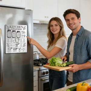 Kitchen conversion chart magnet, metal cooking measurement guide refrigerator sticker.