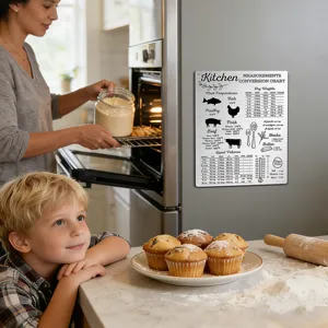 Kitchen measurement conversion chart magnet for cooking and baking metal sign.