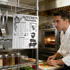 Metal kitchen conversion chart sign, hanging wall decor for cooking measurements and dry liquid units.
