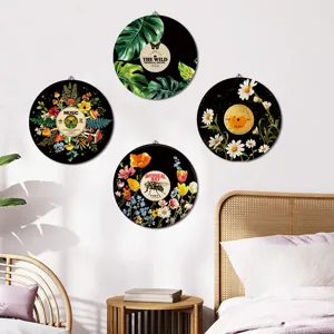 Boho wooden wall art plaques round botanical vinyl records decor for living room bedroom