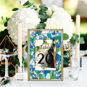 Acrylic wedding table number sign with stained glass floral border, perfect for party decor.