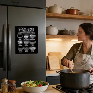 Kitchen coffee menu metal refrigerator magnet, vintage black board style coffee guide sign.