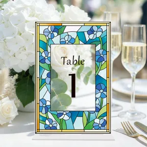 Acrylic wedding table number card with stained glass blue floral design and table 1 print.