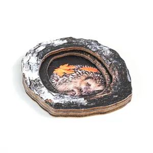 Detail view of wooden tree hole hedgehog magnetic fridge sticker home decoration craft item.