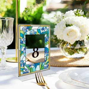 Acrylic table number sign with blue floral stained glass style for wedding party decor detail.