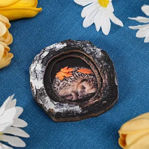 Close-up detail of the wooden hedgehog fridge magnet with autumn leaves and bark decor.