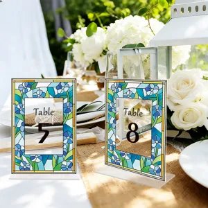 Acrylic wedding table number signs with stained glass floral desktop decoration.