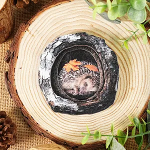 Wooden tree hollow hedgehog fridge magnet detail view, rustic home decor nature craft piece.